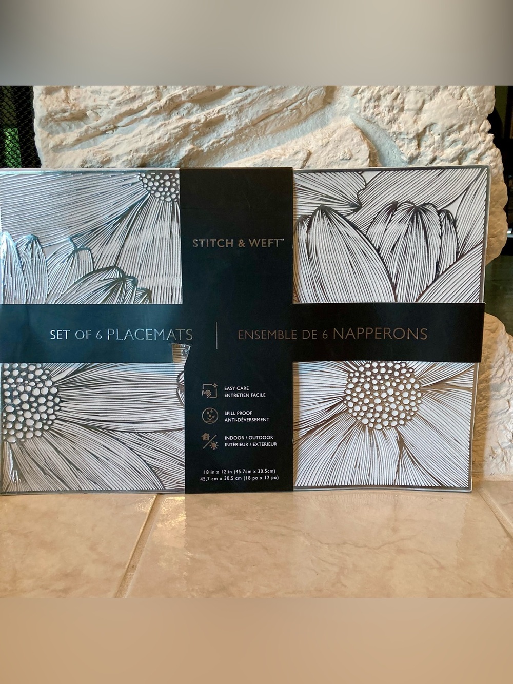 White and Black Floral Placemats - Set of 6